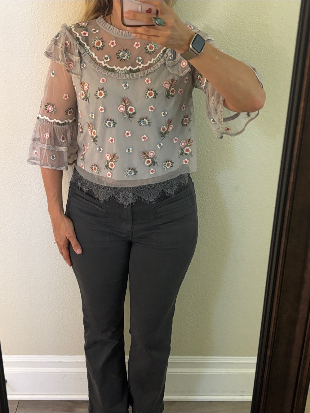 Needle & Thread Gray Embroidered Ruffle Sheer Blouse with Floral Appliqué